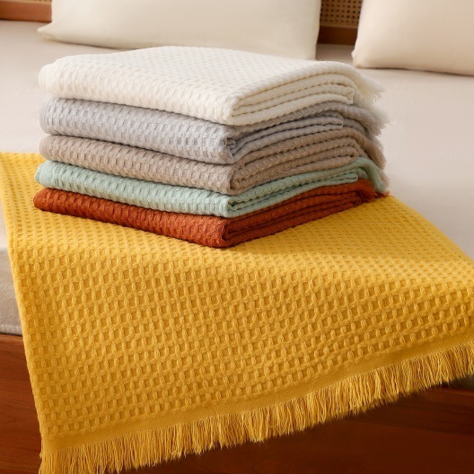 Solid Color Knit Throw Blanket Tassel Knitted Waffle 4