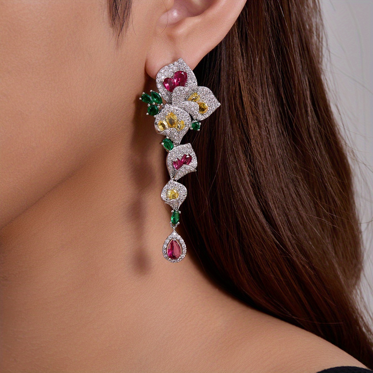 1 Pair Gorgeous Long Dangle Flower Earrings Cubic