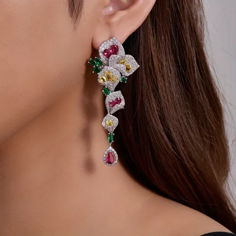 1 Pair Gorgeous Long Dangle Flower Earrings Cubic