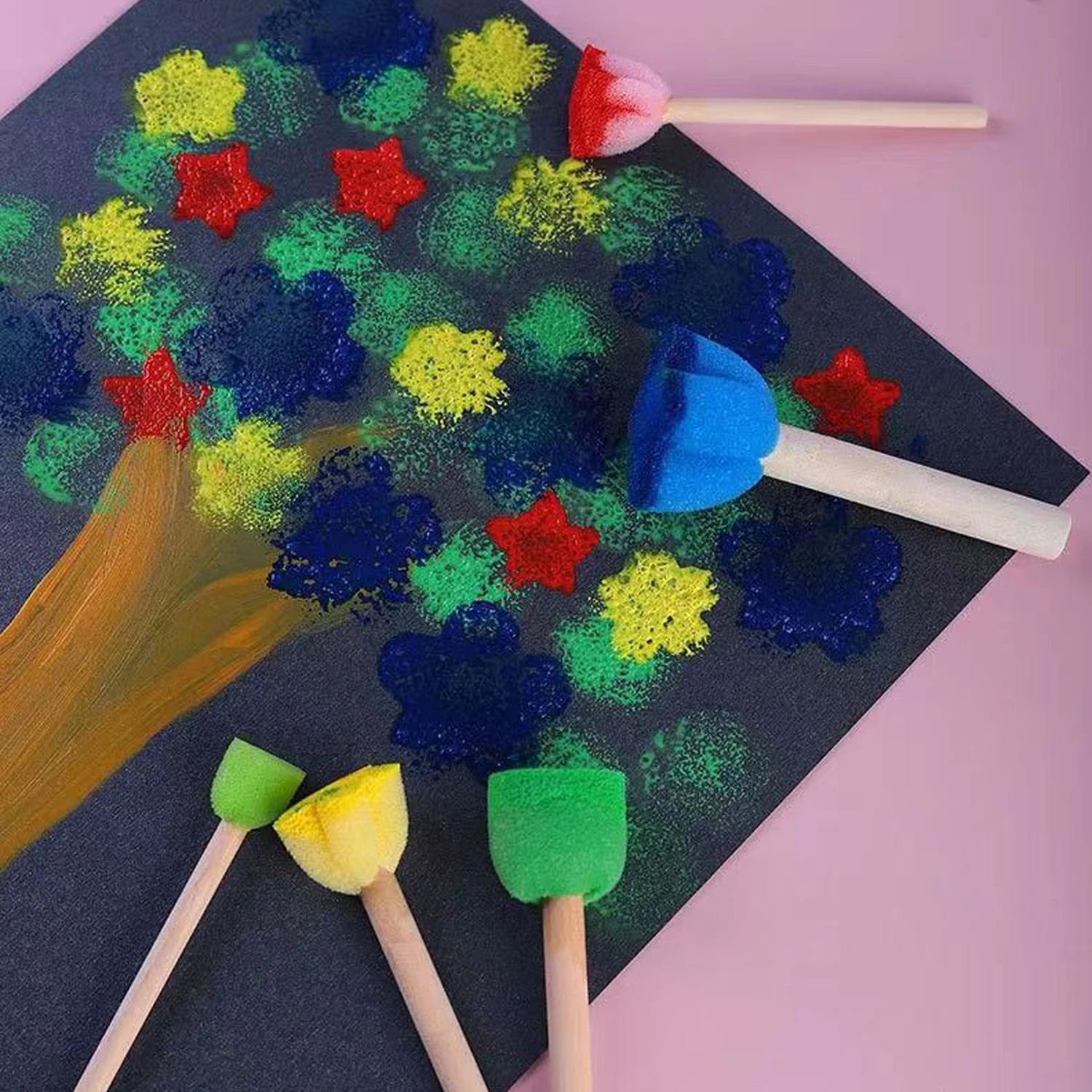 Schaumstoff-Schwammpinsel mit Holzgriff Runde Blume Verschiedene Größen Malwerkzeuge 3