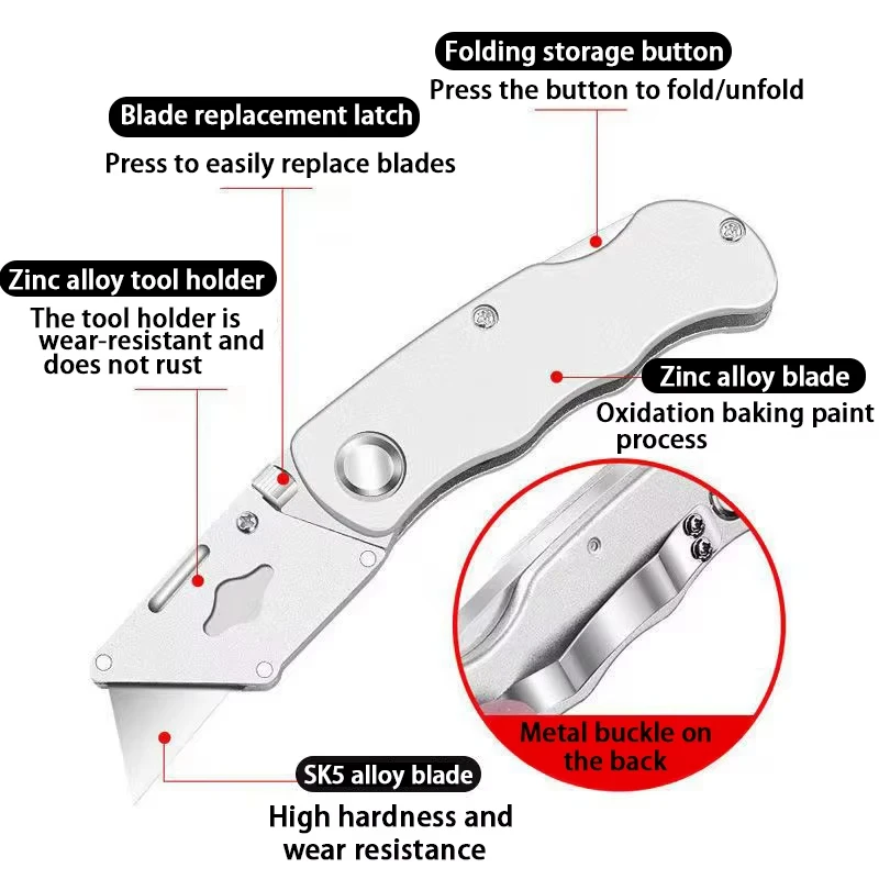 Klappbares Universalmesser Hochleistungs-Teppich- und Kabelschneider Aluminium-Kunststoff-Griff Taschenmesser mit 3