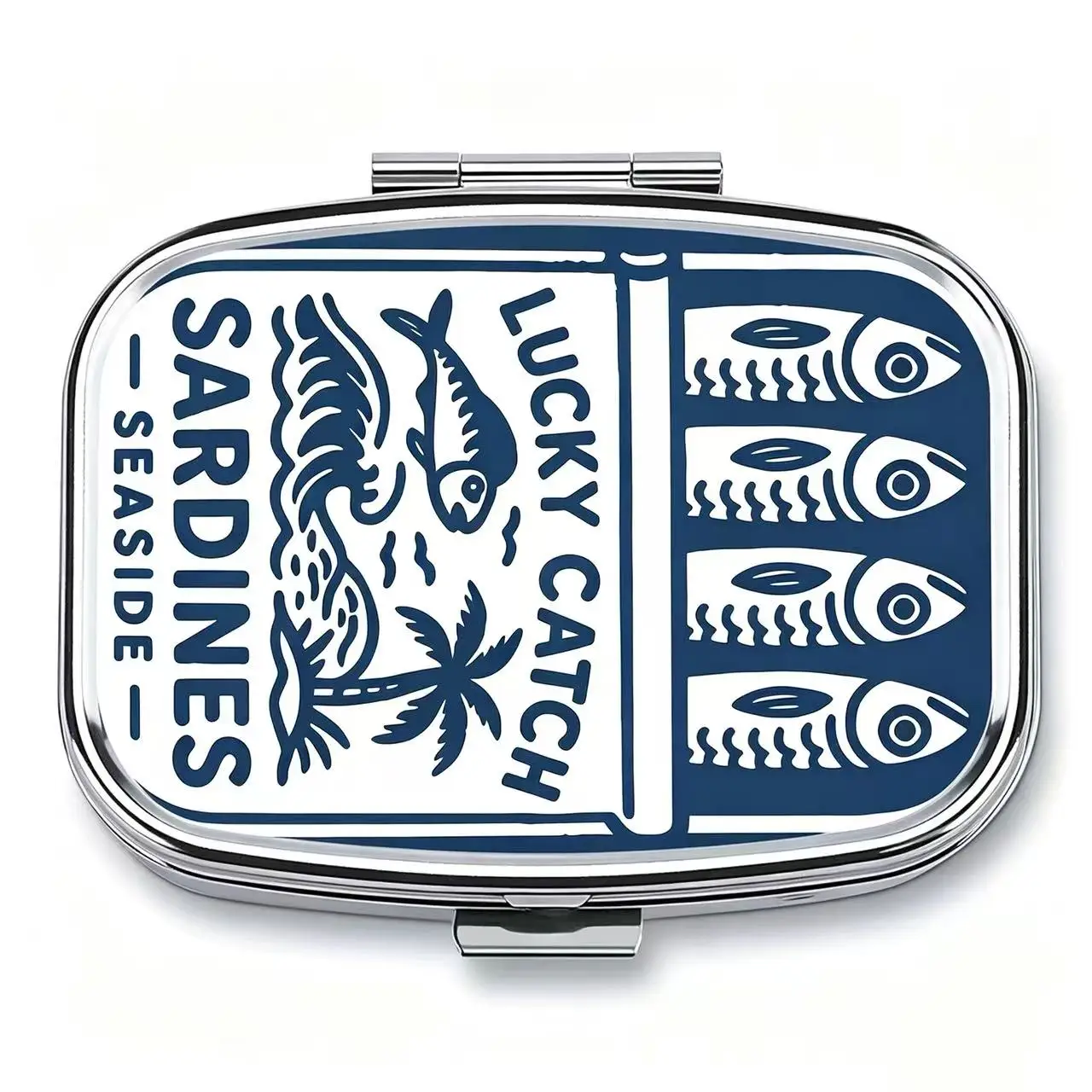 Metall-Pillendose mit Sardinen-Druck