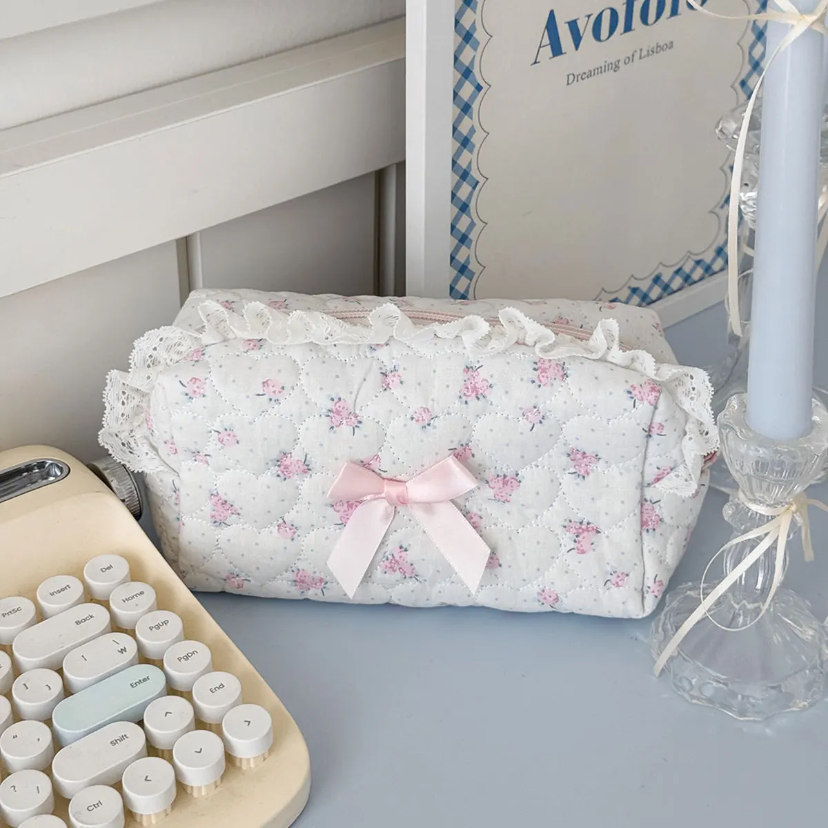 Rosa Blumen Damen Spitze Kleine Kosmetiktasche Reise-Organizer Kosmetik-Münzbeutel 4