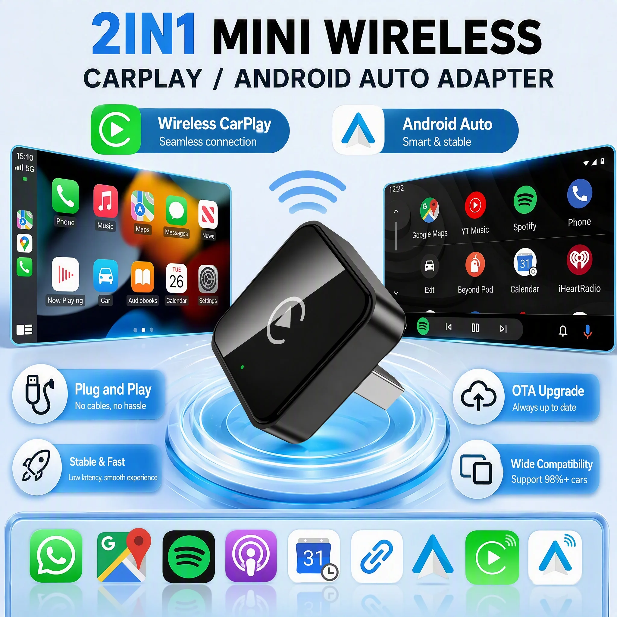 2-in-1 Kabelgebundener zu Kabellosem CarPlay- und Android-Auto-Adapter für 2