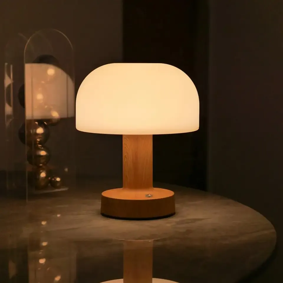 Wooden Base Touch Mushroom Table Lamp
