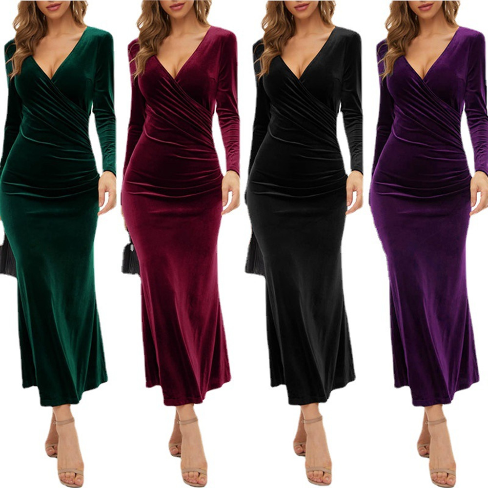 Elegant Velvet Slim V-Neck Dress