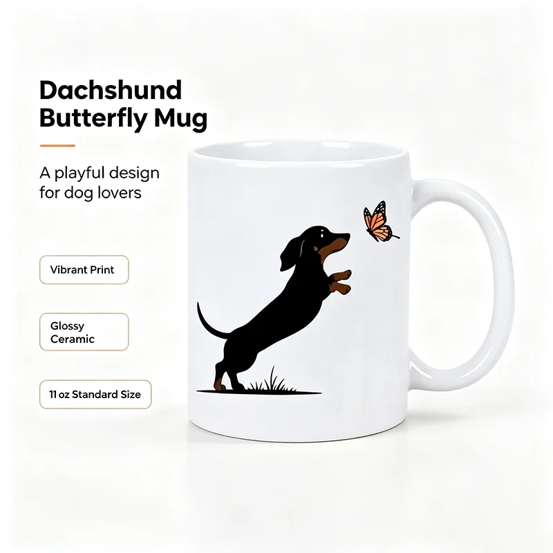 Niedliche Kaffeetasse aus Keramik mit Dackel und Schmetterling