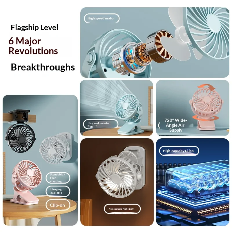 HOMEFISH Tragbarer Wiederaufladbarer Clip-Ventilator 720 ° Drehbarer Hängeventilator 4