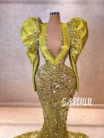 Puffärmel Sexy Abendkleid mit Tiefem V-Ausschnitt Grüne Illusion