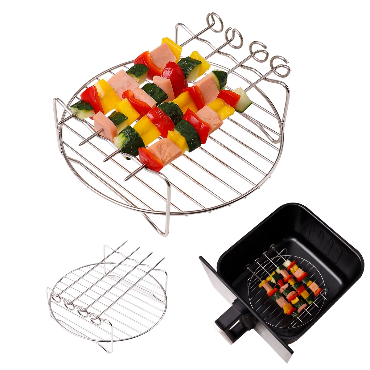 Stainless Steel Double Air Fryer Rack Set with Skewers 2