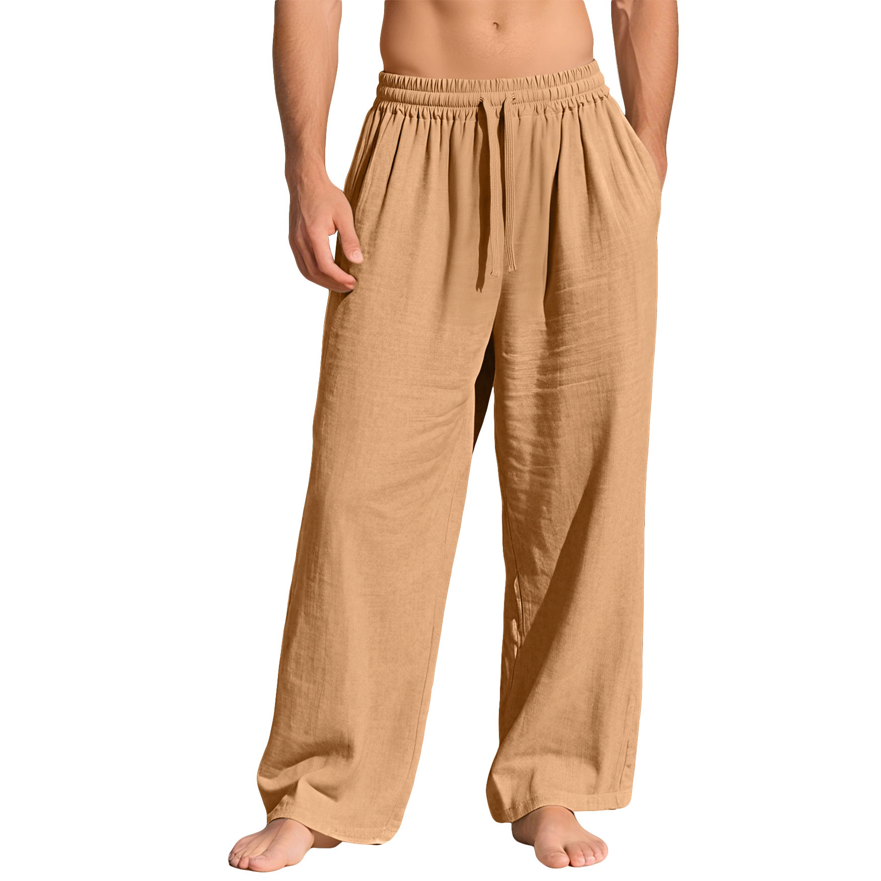 Men Textured Linen Blend Wide Leg Trousers Elastic 3