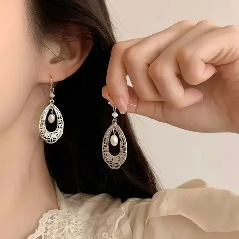 1 Pair 999 Sterling Silver Hollow Teardrop Natural
