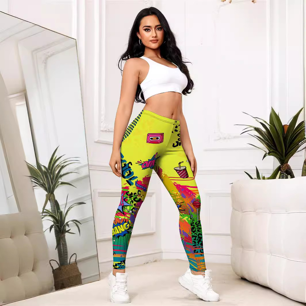 Yellow Cartoon Print Sports Leggings