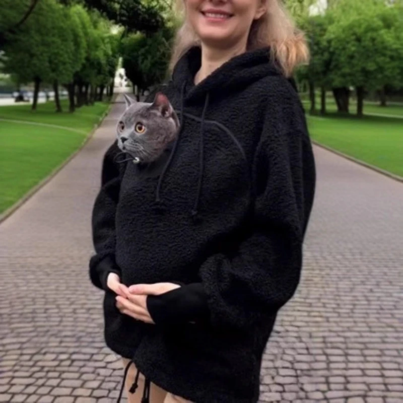 Damen Winter-Sweatshirt mit Kapuze Lammsamt Reißverschluss Kängurutasche Katze 2