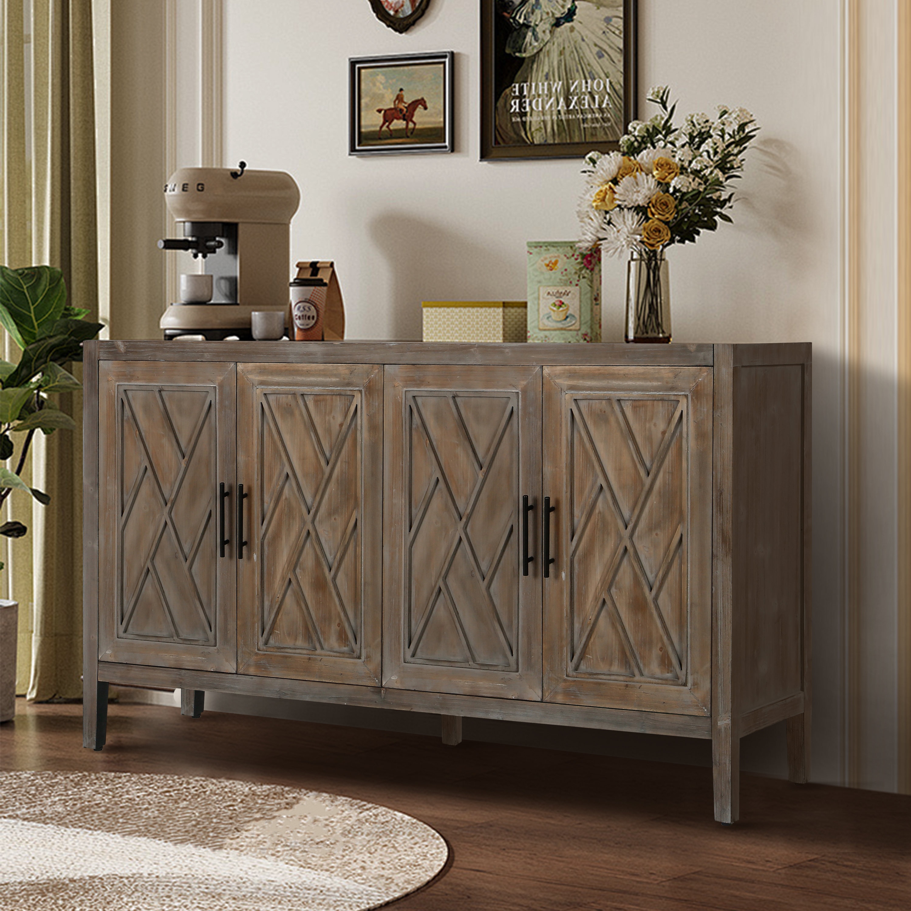 White Modern Buffet Cabinet With Storage Fluted Sideboard 4