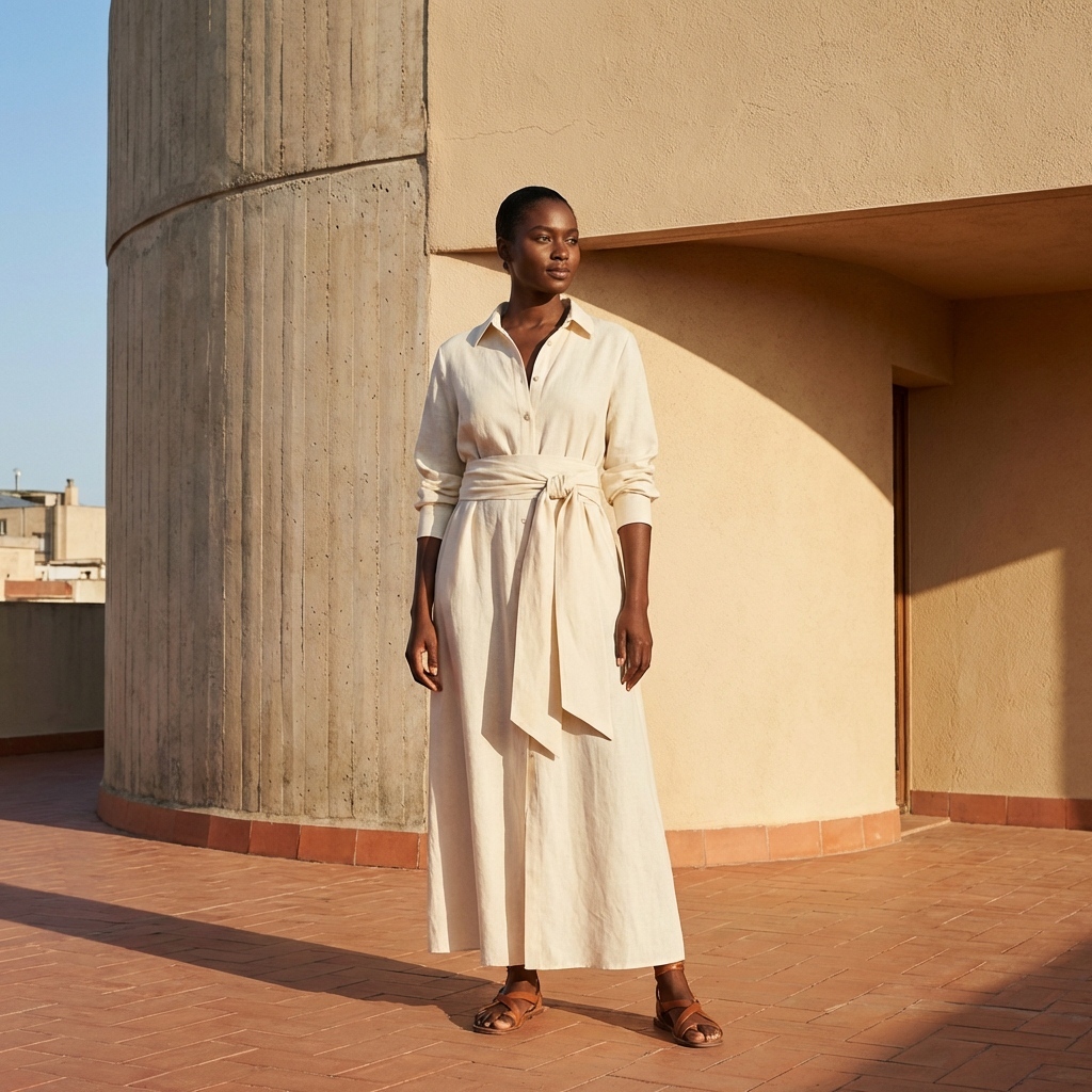 Ivory Linen Maxi Shirt Dress Long Sleeve Spread