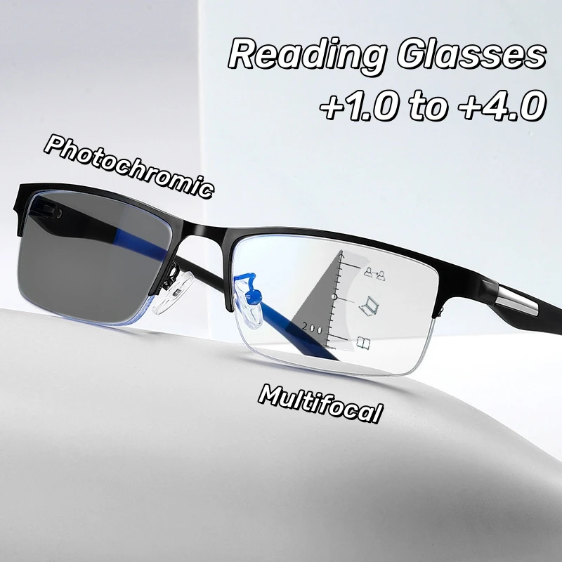 Progressive Multifokale Photochrome Lesebrille Blaulichtfilter-Fernsichtbrille Herren-Halbrahmen-Business-Brille Gegen Presbyopie 2