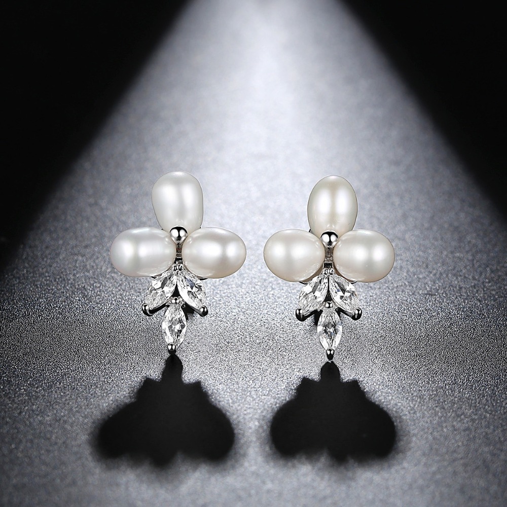 Bridal White Gold Freshwater Pearl Flower Earrings 4
