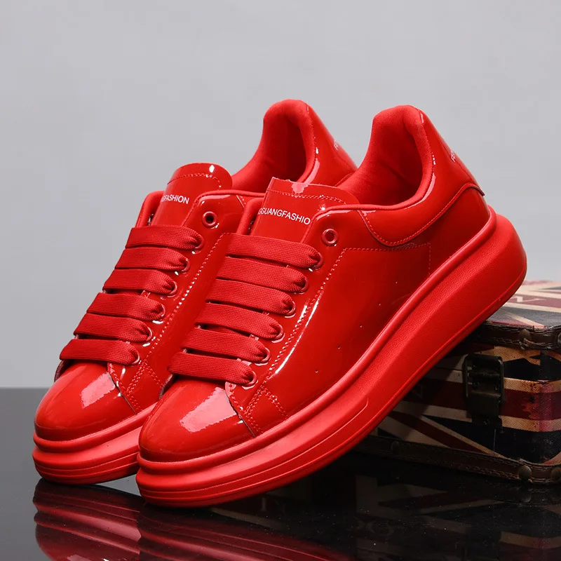 Fast Delivery Patent Leather Lace-up Platform Sneakers Solid