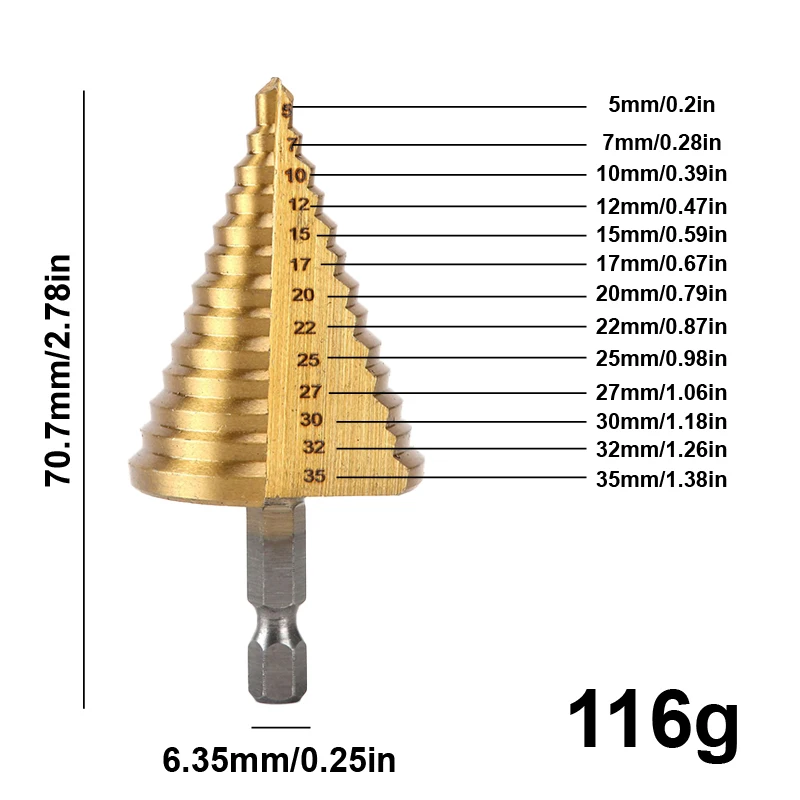 5-35 Gold-Titan-Platten-Pagodenbohrer Sechseckiger Stufenbohrer mit Gerader Nut für 2