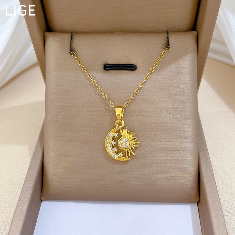 Stainless Steel Zircon Moon Sun Necklace Women 18K