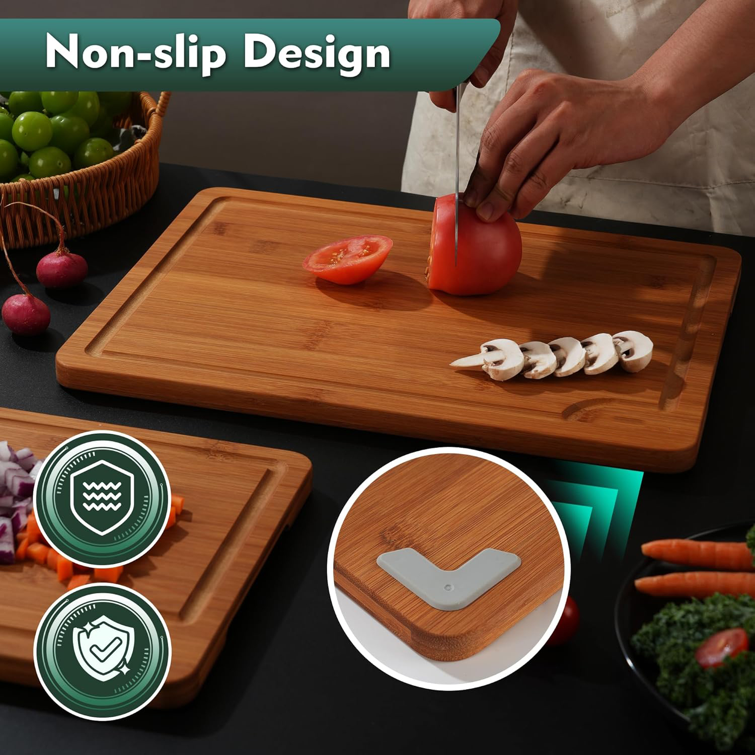 Non-Slip Carbonized Bamboo Cutting Board Set 4