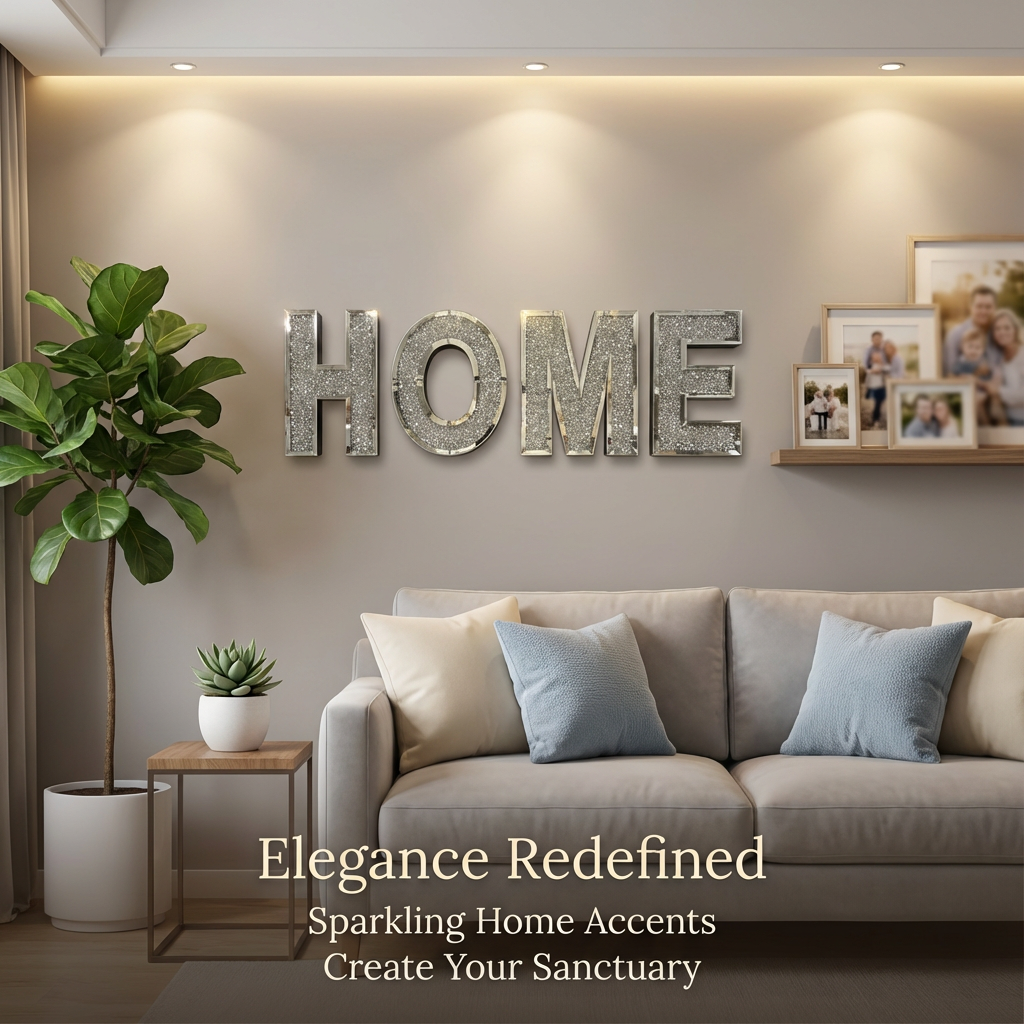 Crushed Diamond HOME Letter Wall Decor Silver Sparkling