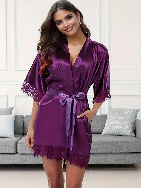 Women's Satin Lace-Trim Short Sleeve Robe 1