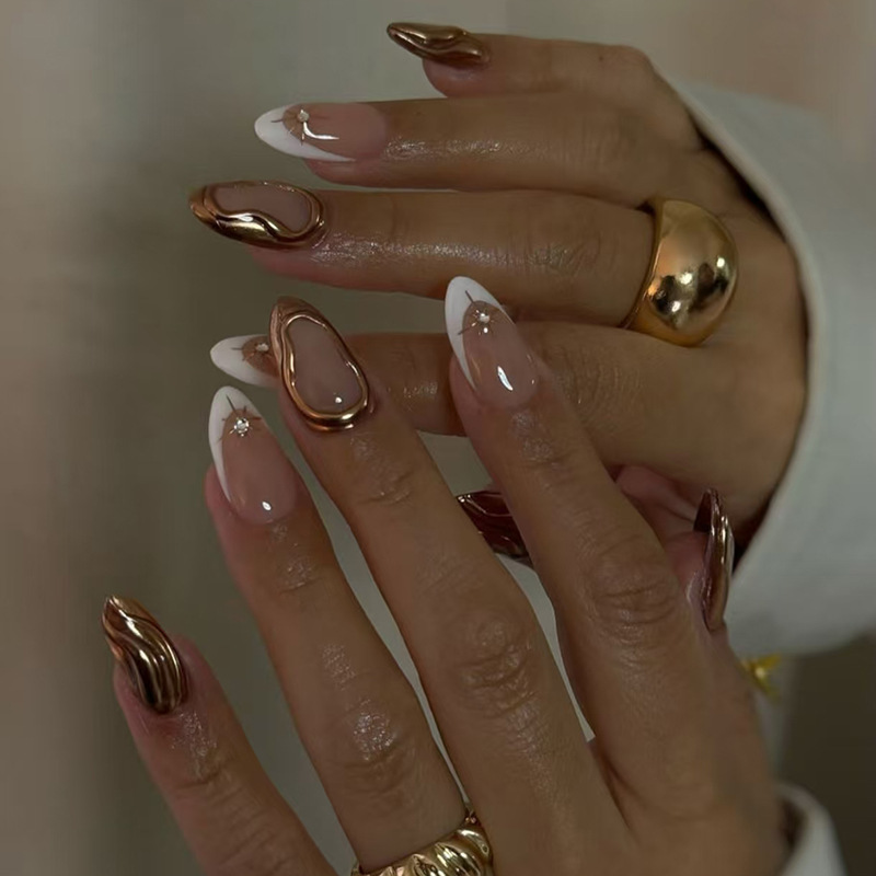 Gold Line Almond Acrylic Press-On Nails 3