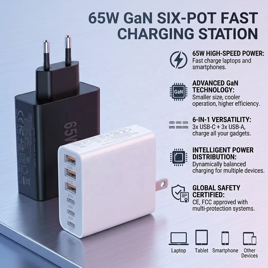 65W PD3.0 Travel Fast Charger 6 Port