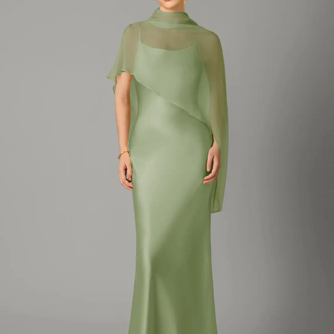 Sage Green Chiffon Cape Evening Gown 4