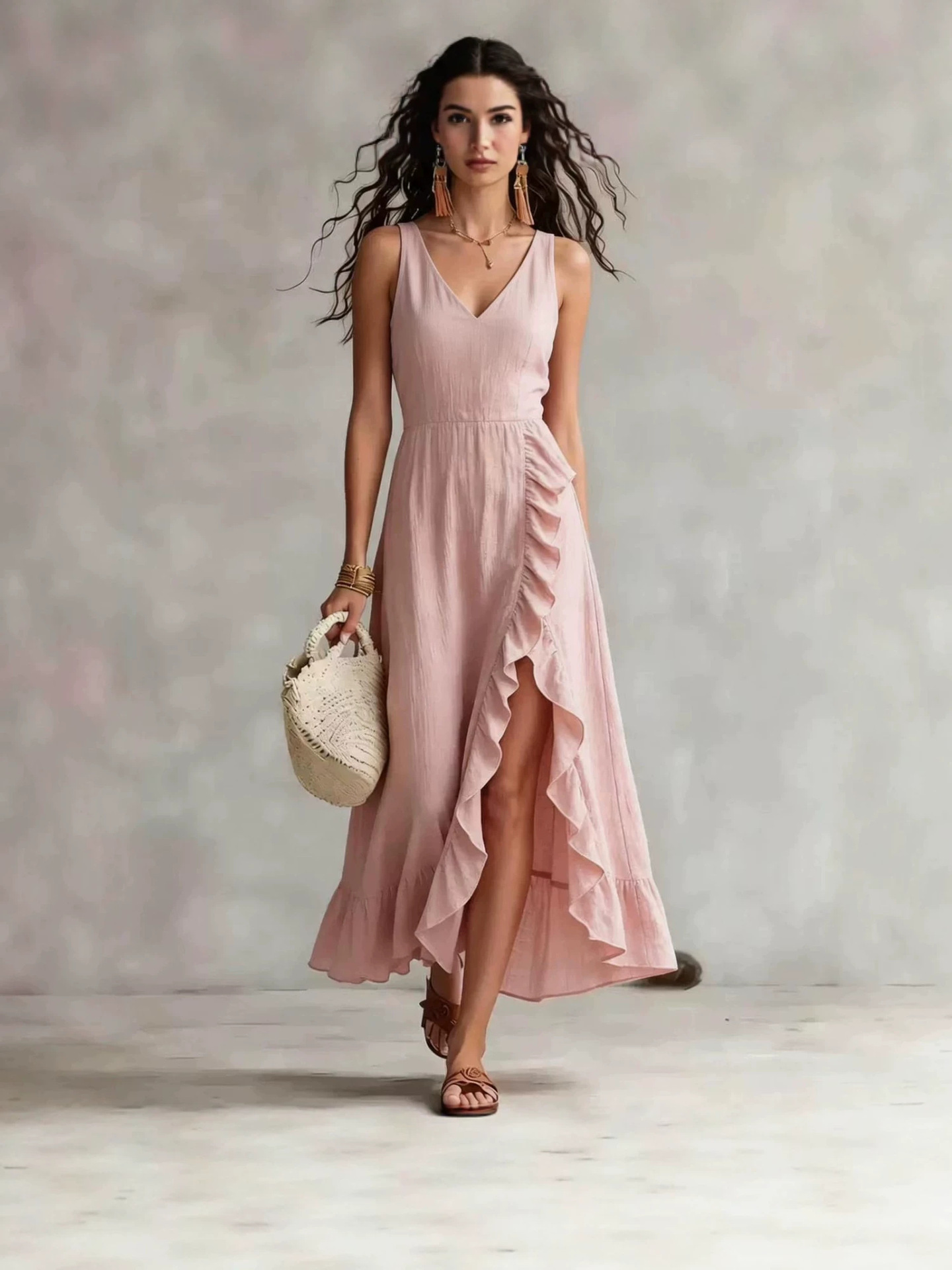Bohemian V-neck Sleeveless Dress Ruffled Split Maxi Skirt