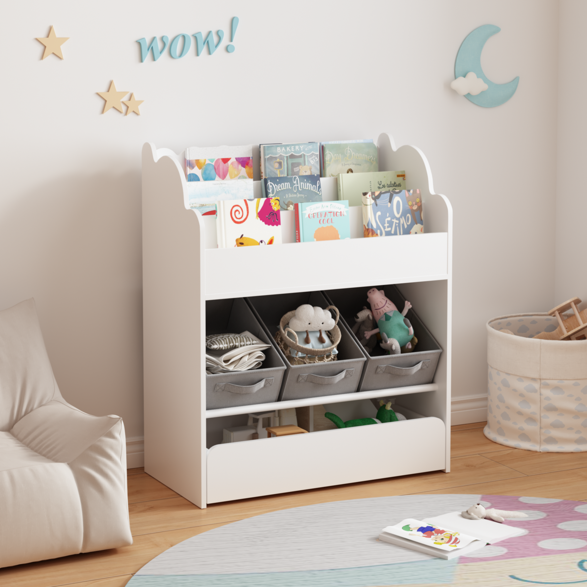 Weißes Kinderbücherregal mit Schubladen