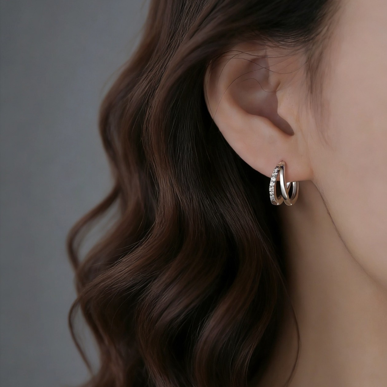 Zircon Inlaid Silver Plain Ring Double-layer Ear Buckle