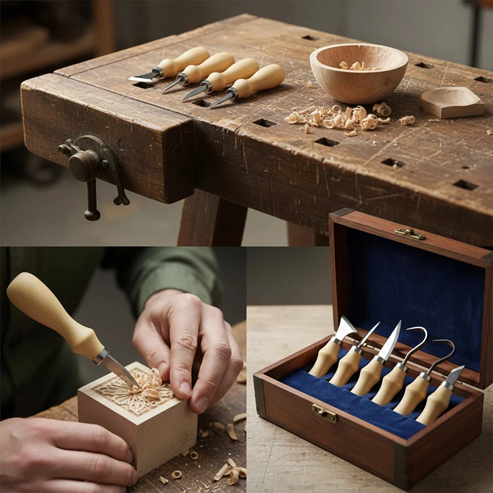 5-teiliges Holzschnitzwerkzeug-Set mit Eichenholzgriff Gebogenem Messer für Kunsthandwerk 3