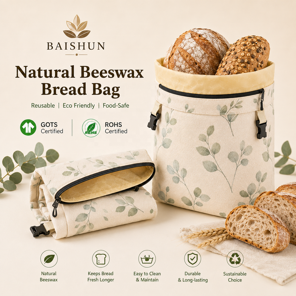 Reusable Double Layer Cotton Beeswax Bread Bag Eco-Friendly 3