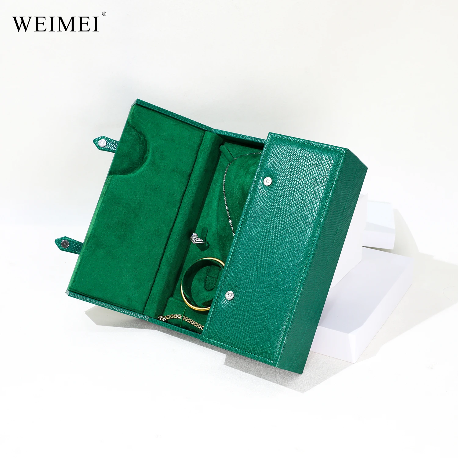 WEIMEI Double Door Green Leather Jewelry Box Organizer 3