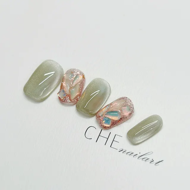 Handmade Wear Armor Green Cat Eye Nail Sticker 1