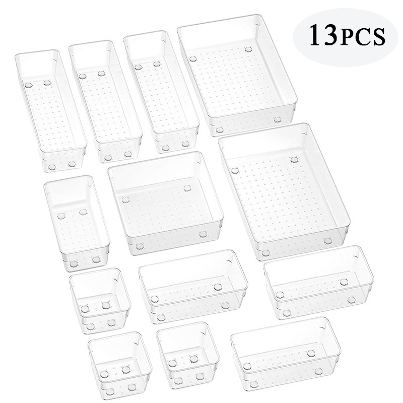 13PCS Clear Plastic Desk Drawer Organizers Set 5-Size