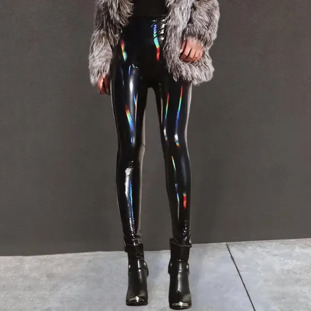 Kunstleder Bleistifthose Damen Lederhose Hohe Taille Spiegeloberfläche Glänzende 4