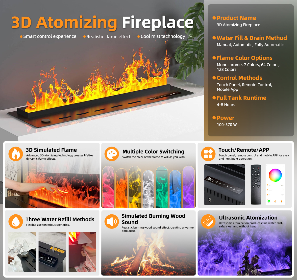 3D Water Vapor Intelligent Fogging Led Fireplace for 2