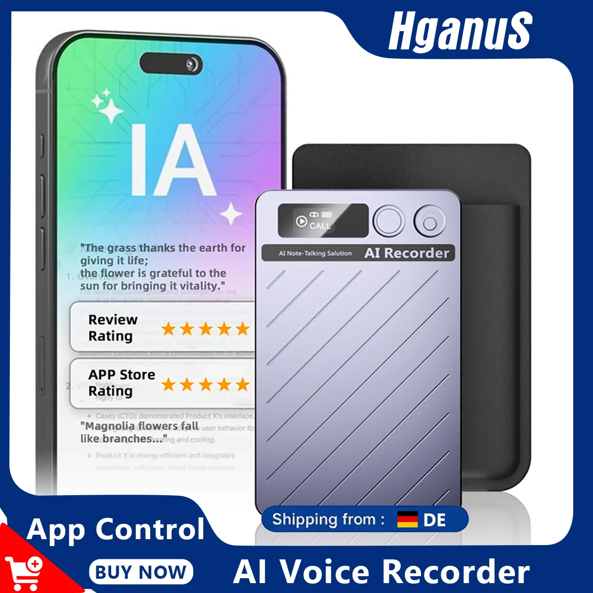 Hganus Tragbarer KI-Sprachrekorder mit App-Steuerung 64 GB Speicher