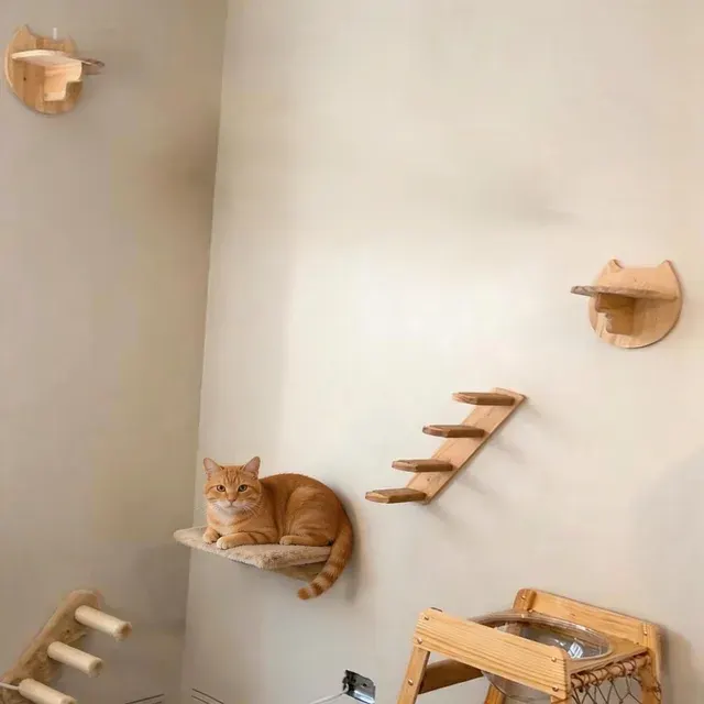 Wandmontierte Katzen-Kletterwand mit Stufen Sisalseil-Kratzbaum Sprungturm Haustiermöbel für 4