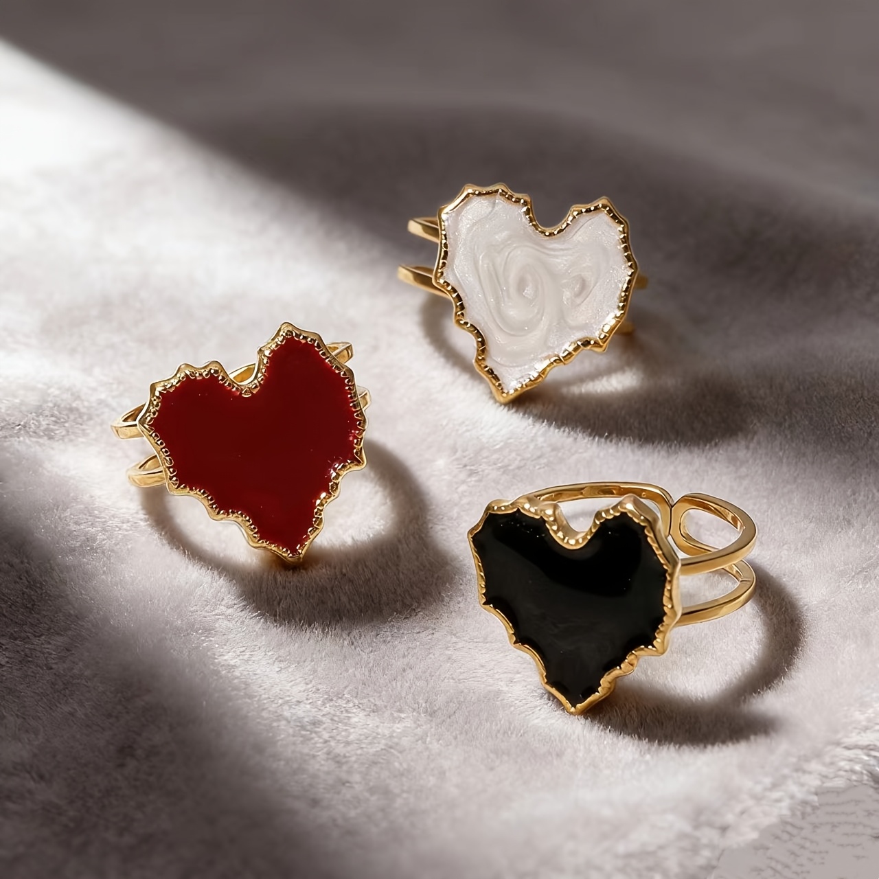 French Retro Heart Ring Red Black White Enamel