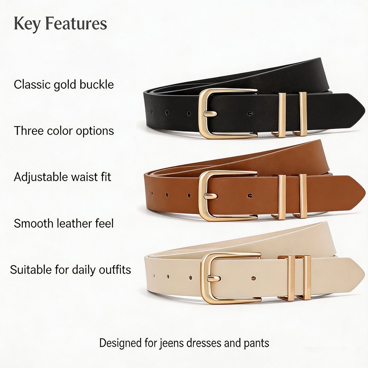 Women's Leather Belt with Gold Buckle, 3-Pack 4