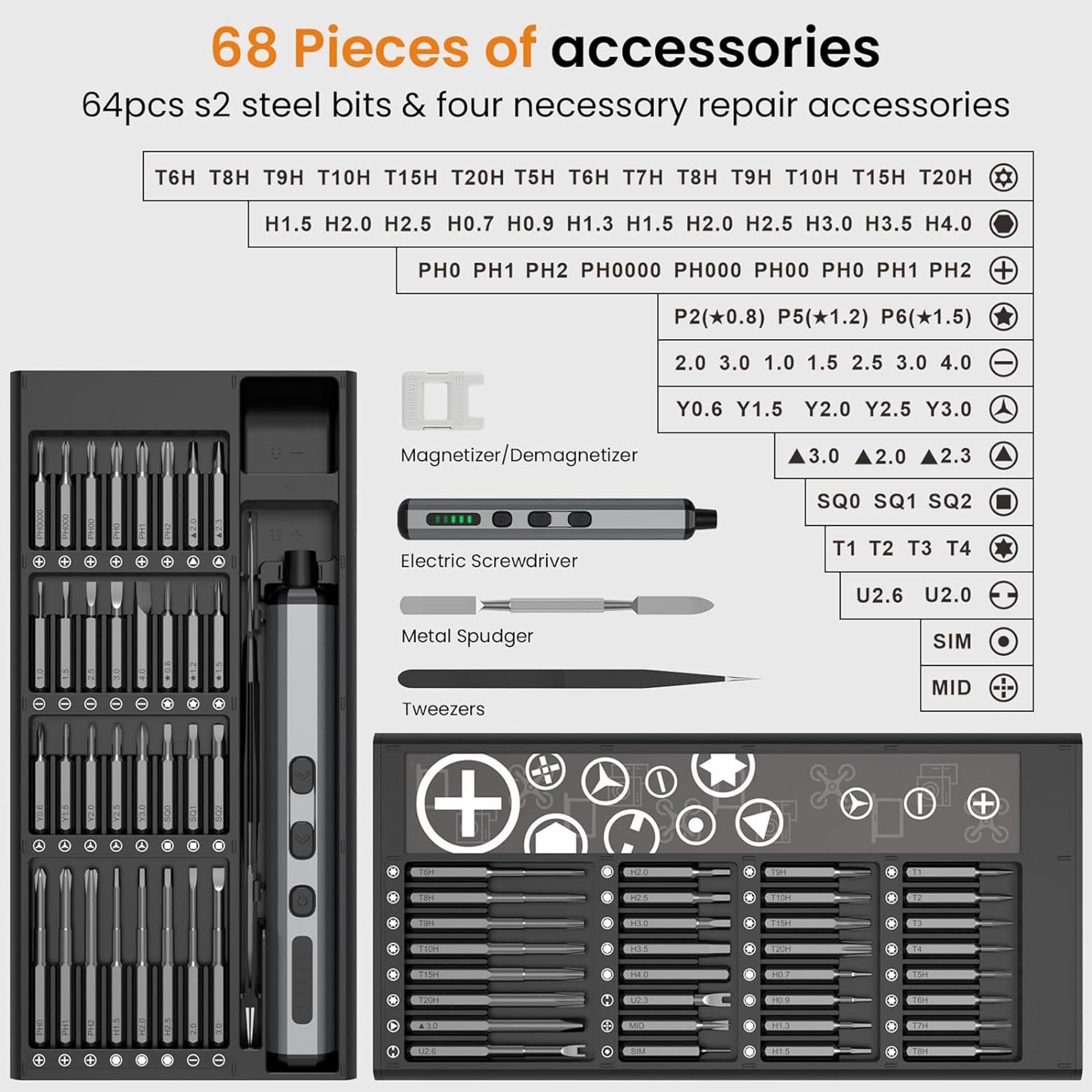 68-in-1 Electric Screwdriver 64 Magnetic Multi-Bits Power for 2