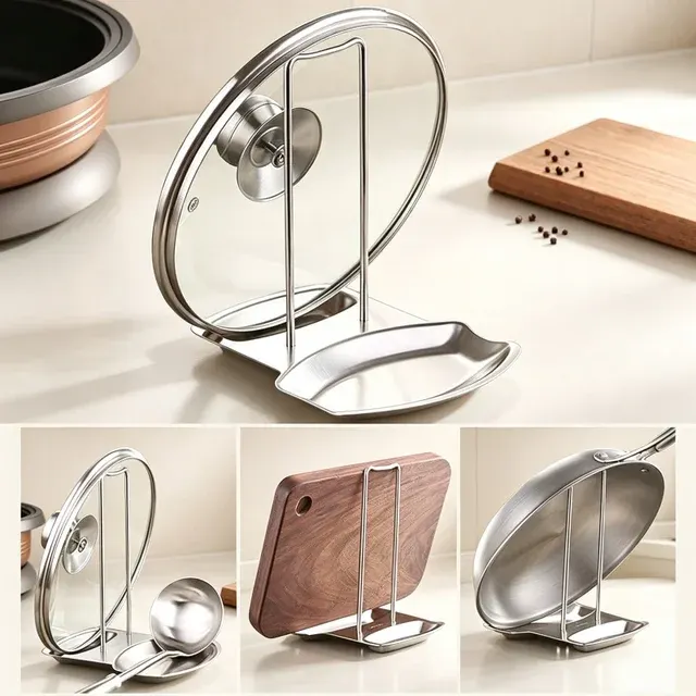 Stainless Steel Pot Lid Rack with Utensil Holder 2