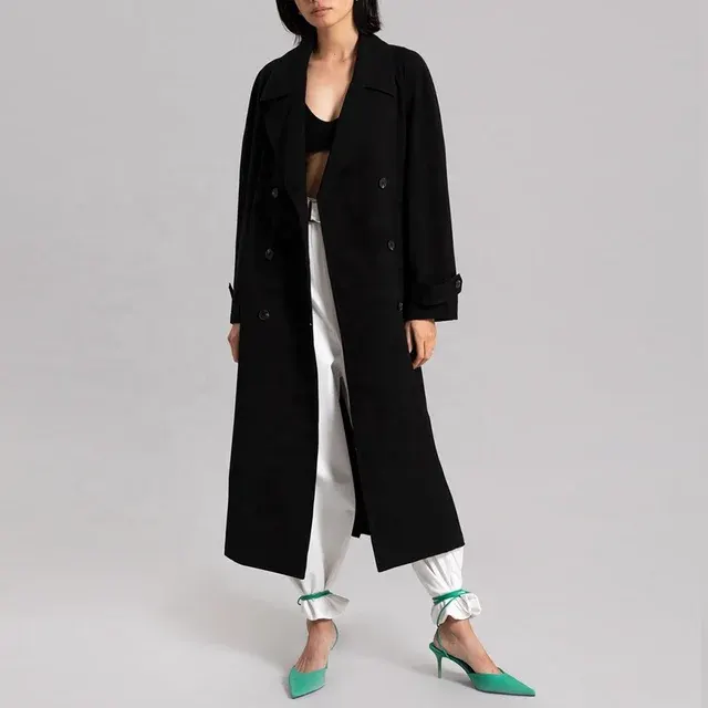 Women's Black Long Double-Breasted Trench Coat 3