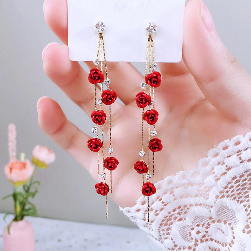 Flower Long Earrings Wild Red Rose Rhinestone Tassel