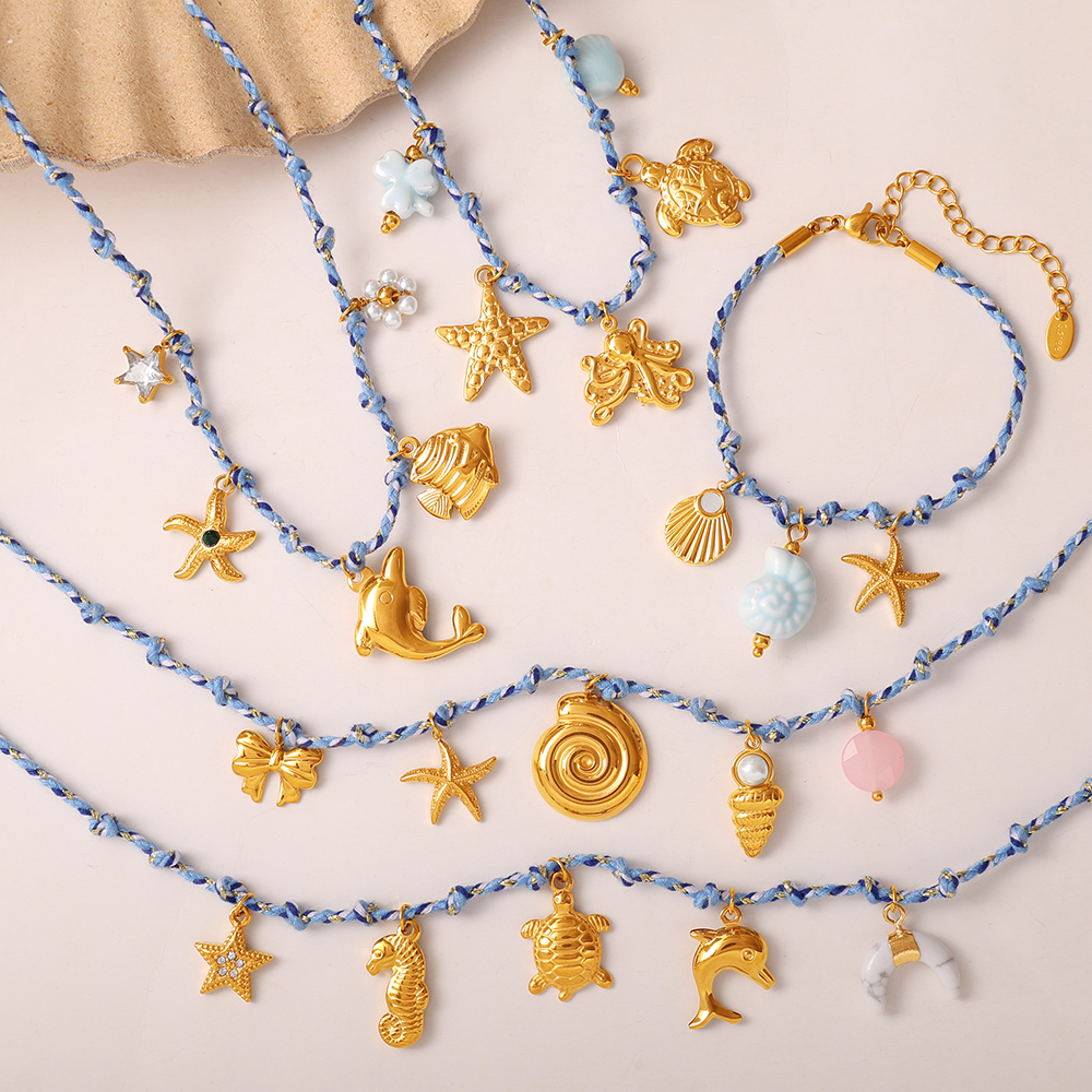 Blue Rope Braided Ocean-themed Pendant Set Featuring Starfish
